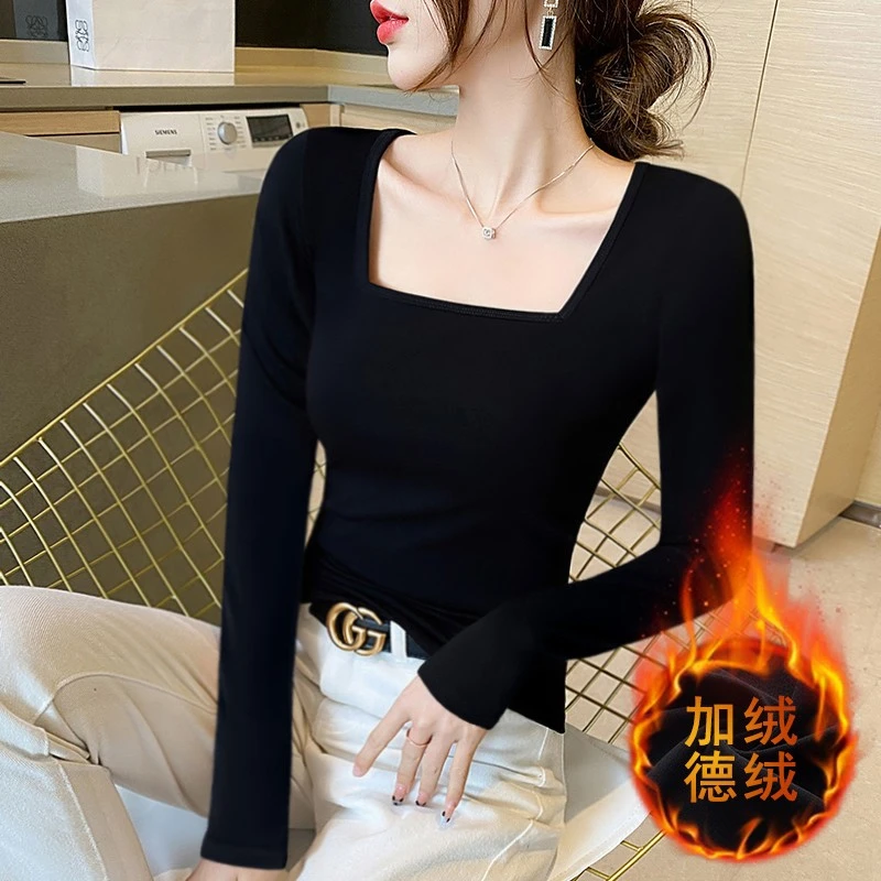 秋冬新款方领黑色女长袖加绒加厚内搭保暖上衣显瘦修身德绒打底衫