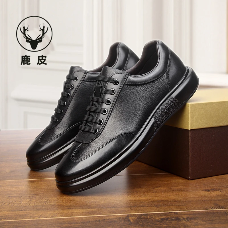 鹿皮皮鞋百搭2024春季新款软底透气舒适平跟软皮男士真皮休闲黑色