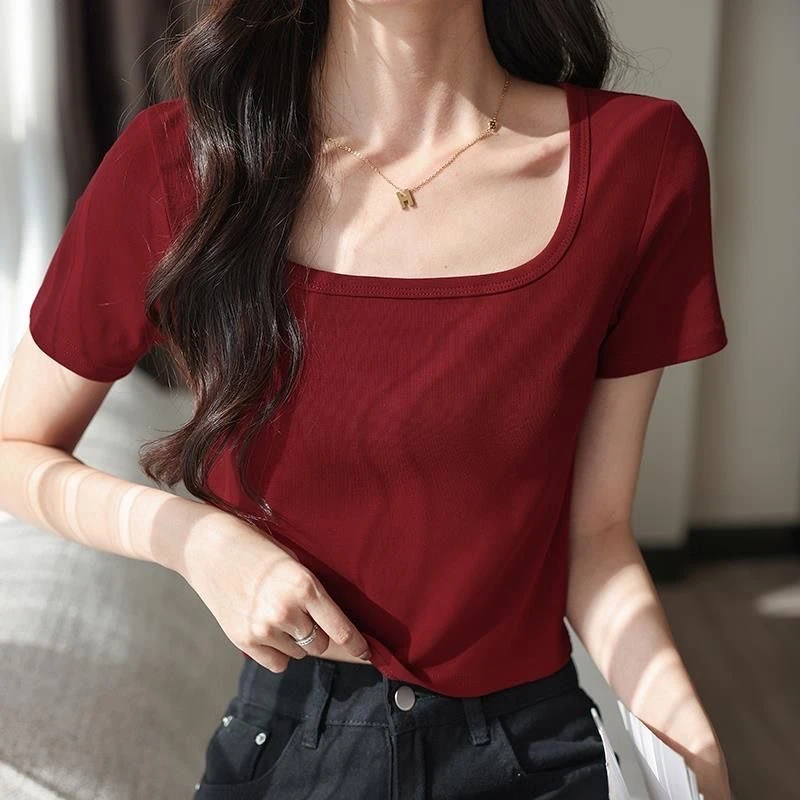 夏季正肩百搭方领打底衫短袖t恤设计感时尚气质酒红色短款上衣女