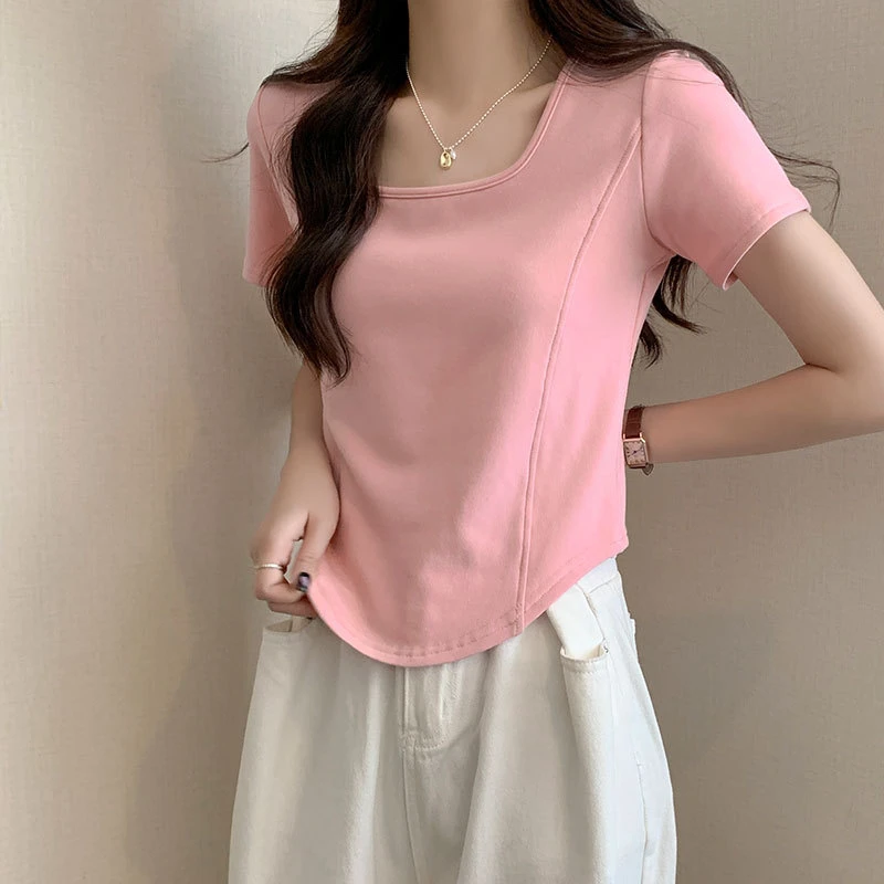 新款正肩短袖T恤女夏季双鱼骨设计感修身显瘦不规则纯色短款上衣
