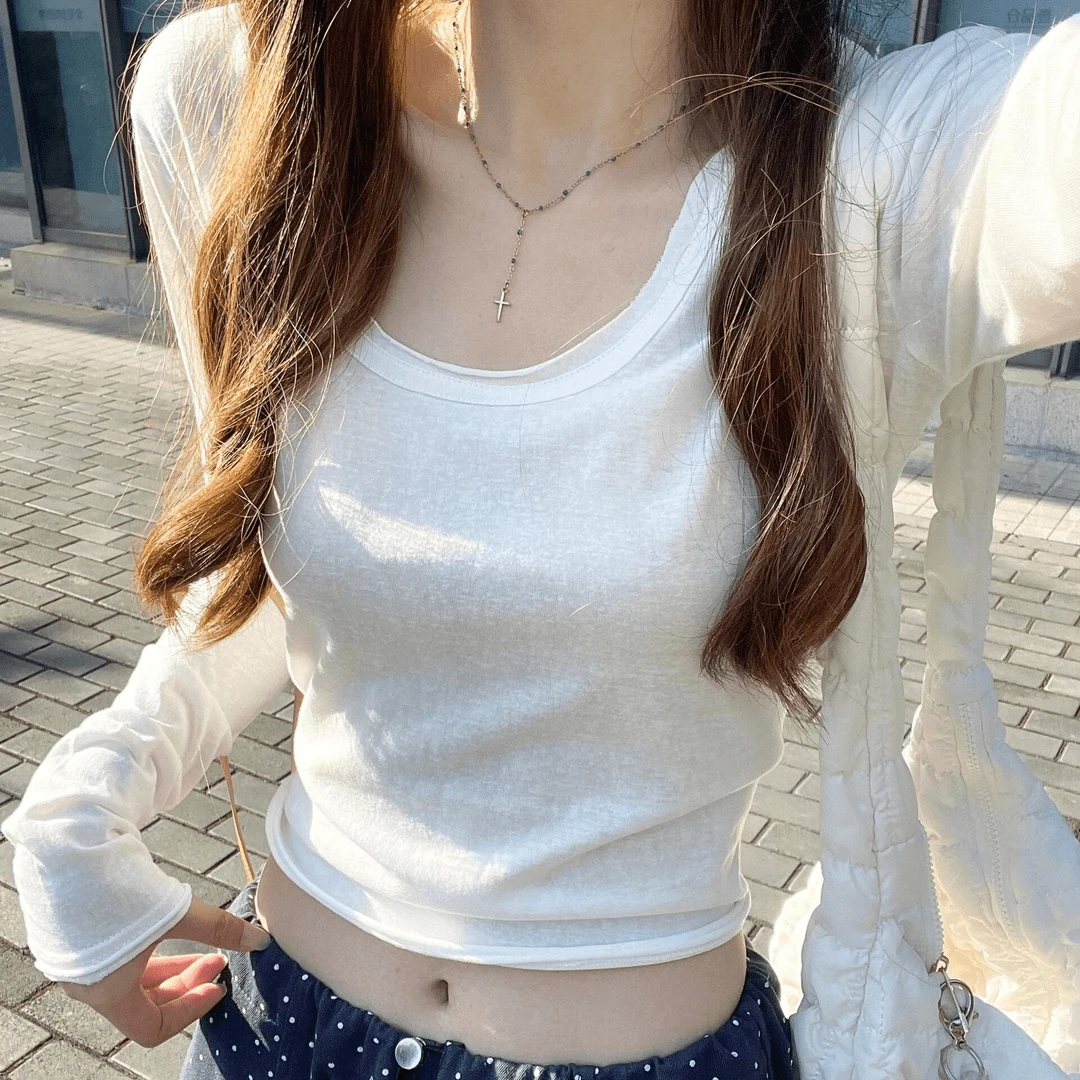 2025新款修身薄款微透防晒罩衫女秋外搭长袖t恤白色短款薄纱上衣