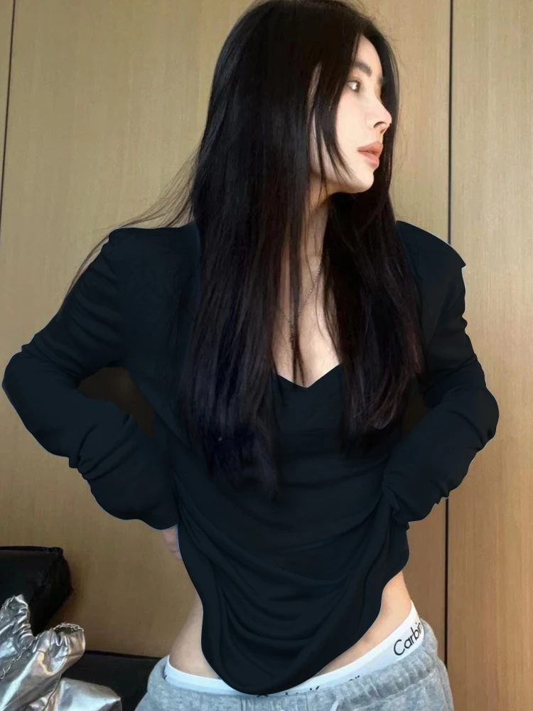 黑色V领长袖T恤女春秋薄款法式韩版显瘦设计感休闲气质打底上衣
