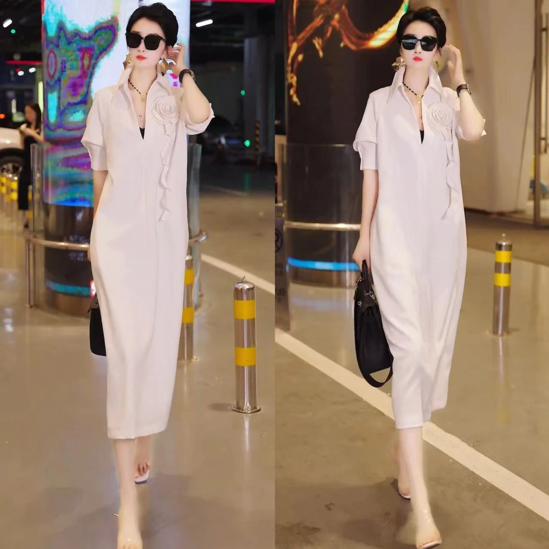 （萱萱推荐）早秋法式高级V领松弛感手工花朵宽松长款连衣裙