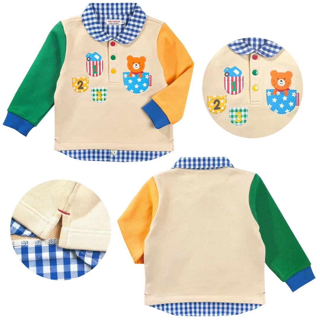 BW23120麻子熊拼接衬衫领假两件卫衣