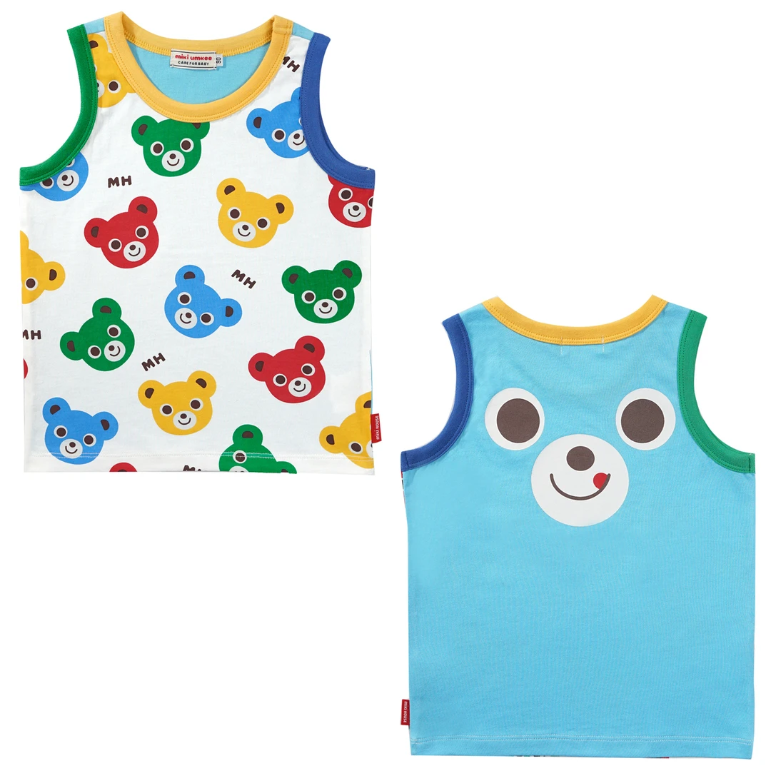 HU2327儿童彩色满熊笑脸印花拼色背心T恤