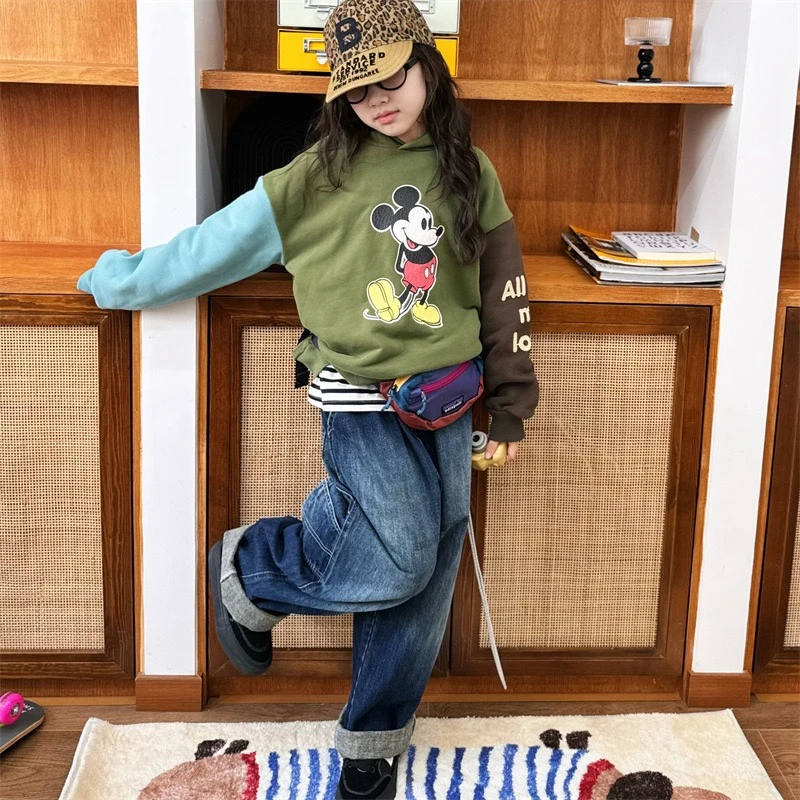 【一彩妈】24秋冬新款 儿童米奇撞色连帽卫衣 宽松重工刺绣薄绒卫衣