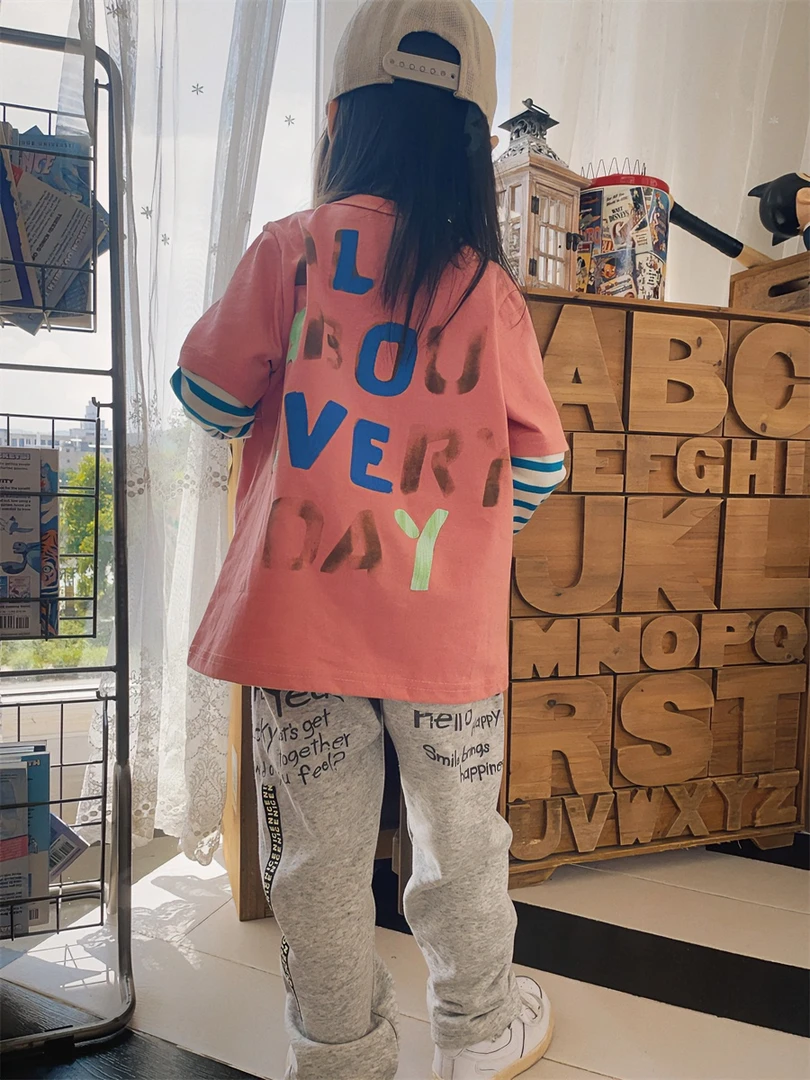 【一彩妈】长T 24DD新款 儿童虾粉色假两件条纹长袖T恤 日系百搭款