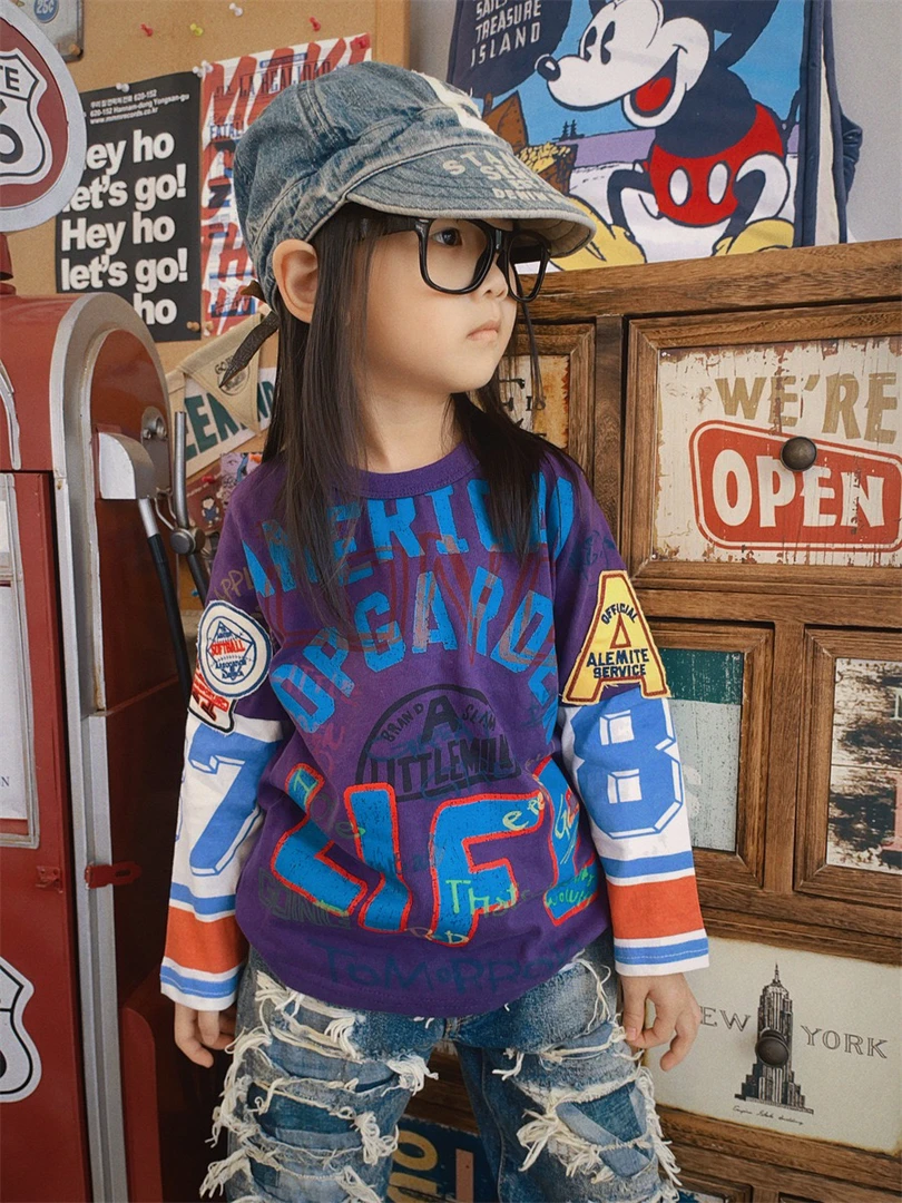 「一彩妈」DD新款儿童印花假两件长袖T恤 双色可选 日系时尚百搭款