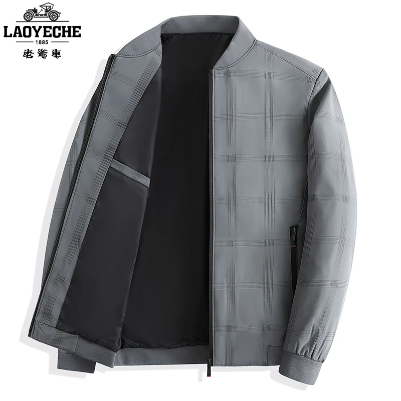老爷车新款格子休闲男士外套中年春秋季棒球领夹克衫薄款爸爸上衣