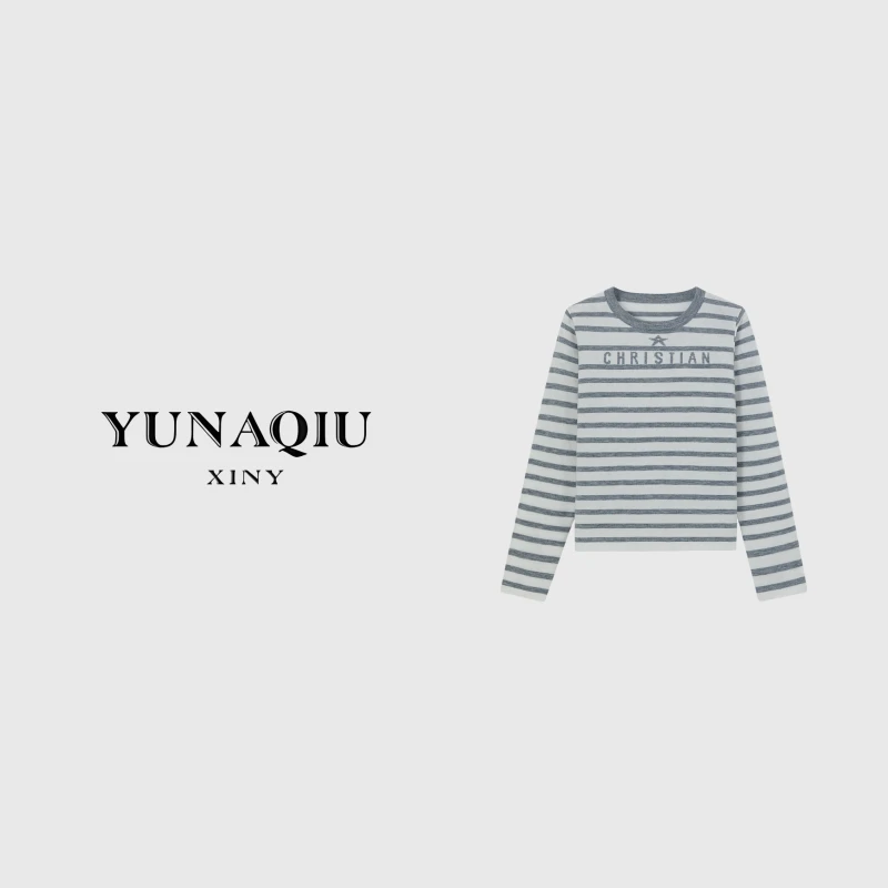 YUNAQIU 时尚休闲百搭简约条纹长袖圆领套头T恤-8652