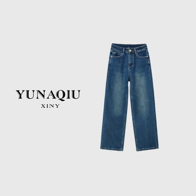 YUNAQIU 秋冬休闲百搭复古宽松时尚加绒水洗牛仔裤-8629