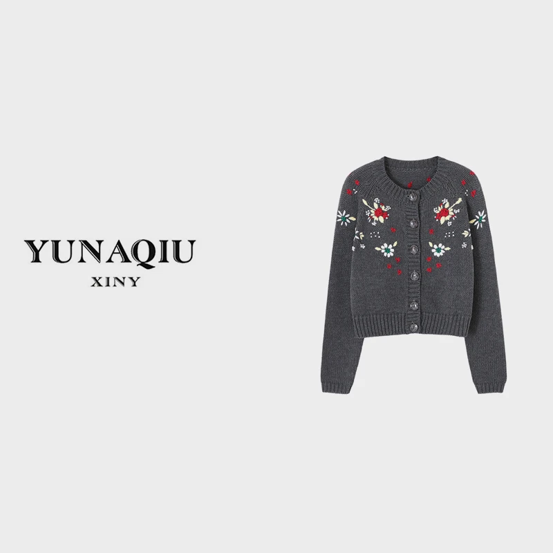 YUNAQIU-3075小香风轻奢提花时尚女士圆领羊毛毛衣复古针织开衫