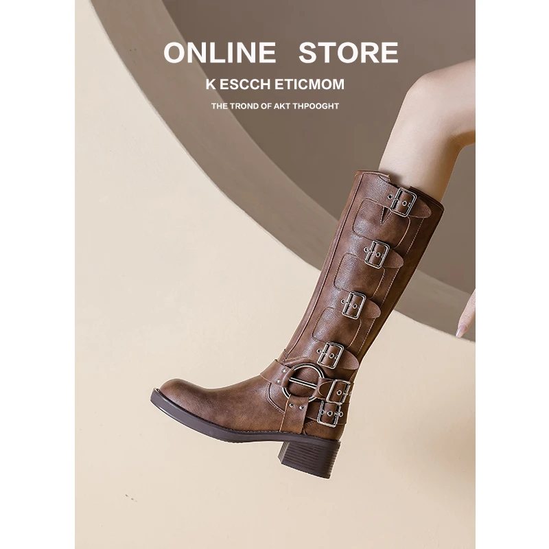 miu*走秀款皮带扣粗跟长筒靴女夏大码西部牛仔靴大筒围粗腿骑士靴