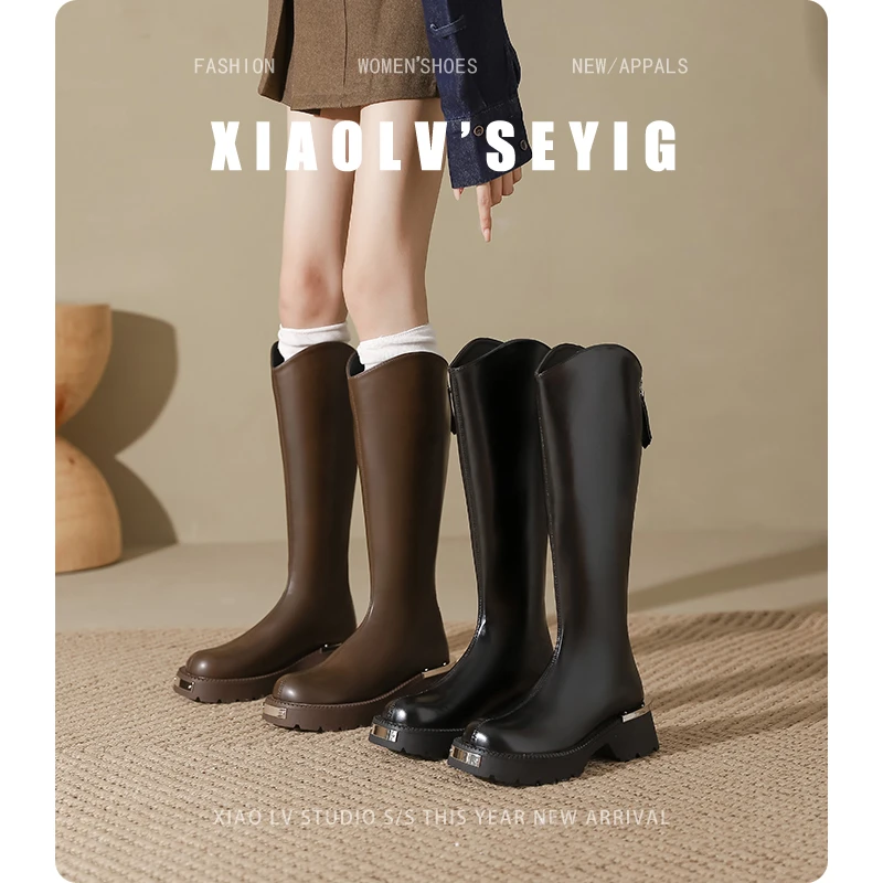 胖mm棕色美拉德长筒靴女粗腿复古长靴高筒骑士靴大筒围大码女靴子