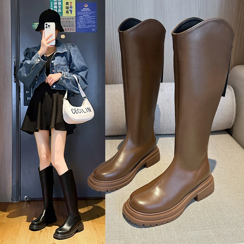 大筒围长筒靴女胖mm粗腿骑士靴厚底高筒靴棕色v口长靴大码女靴子