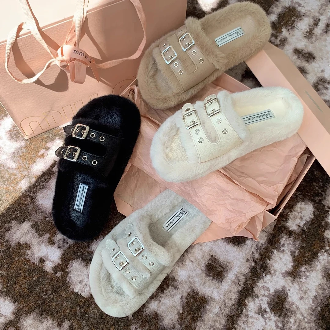 设计感双排扣ins平底居家厚底毛茸茸外穿毛毛拖鞋女秋冬大码鞋子