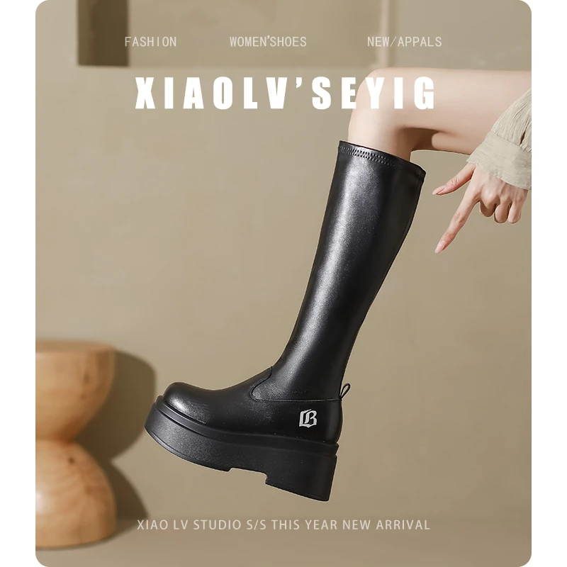 胖mm长筒靴粗腿厚底长靴加大加宽弹力加大靴大筒围骑士靴子女大码