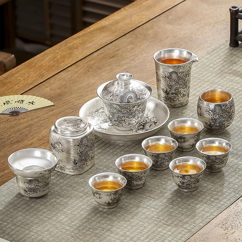 轻奢银茶具999真银龙凤茶具套装杯子盖碗套组鎏银养生茶杯整套组