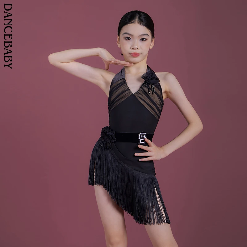 Dancebaby拉丁舞女童流苏吊带表演比赛训练舞蹈服分体套装DAS768