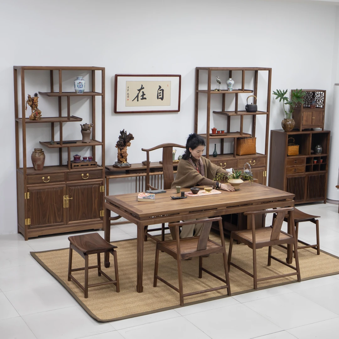 新中式北美黑胡桃木开光束腰马蹄桌家用泡茶桌书桌禅意桌画桌