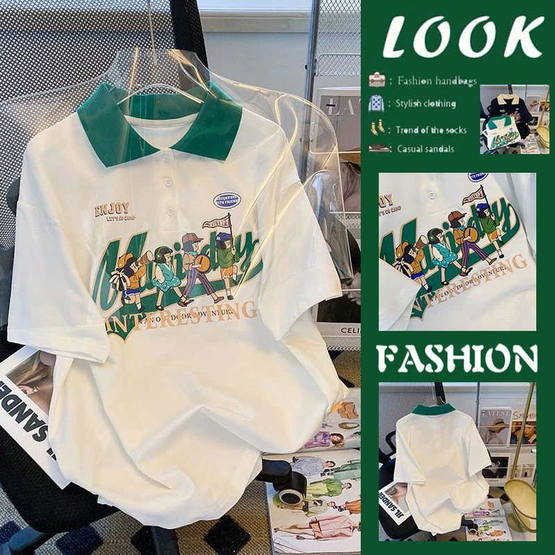 -斤大码胖洋气慵懒风短袖恤女翻领宽松百搭休闲上衣潮