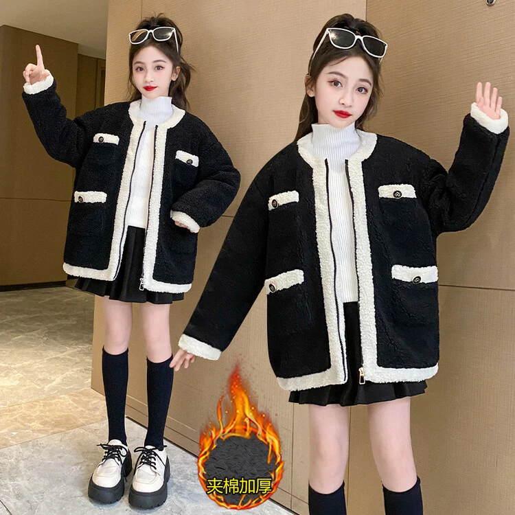 法式复古气质小香风羊羔毛棉服外套女秋冬加绒加厚短款棉衣大衣潮