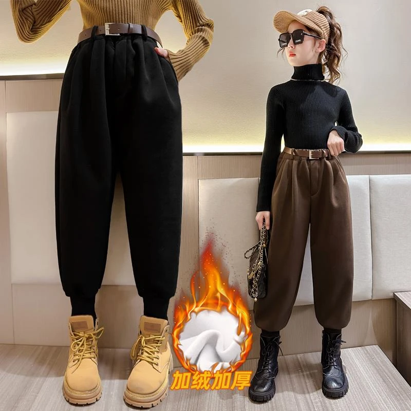 女童加绒裤子秋冬款2023新款冬装大童时尚休闲加厚灯笼裤儿童长裤
