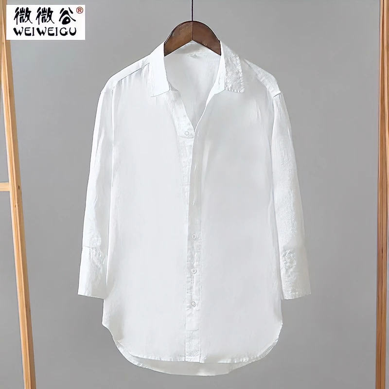 夏季男士休闲亚麻衬衫衬衣七分袖薄款透气棉麻100%纯亚麻男套装