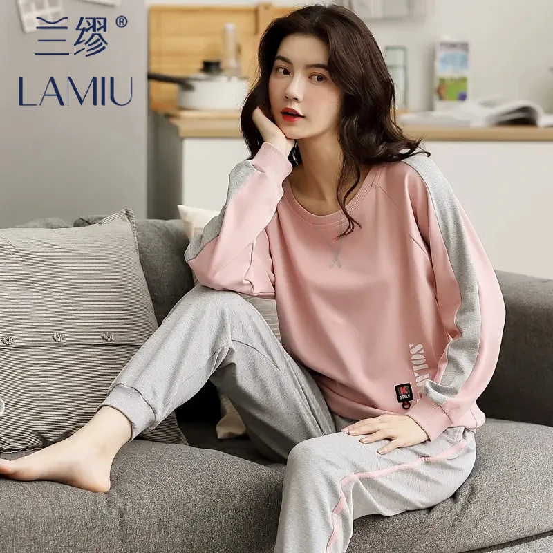 兰缪春秋季长袖纯棉％全棉秋冬天款休闲家居服高能感睡衣女套装