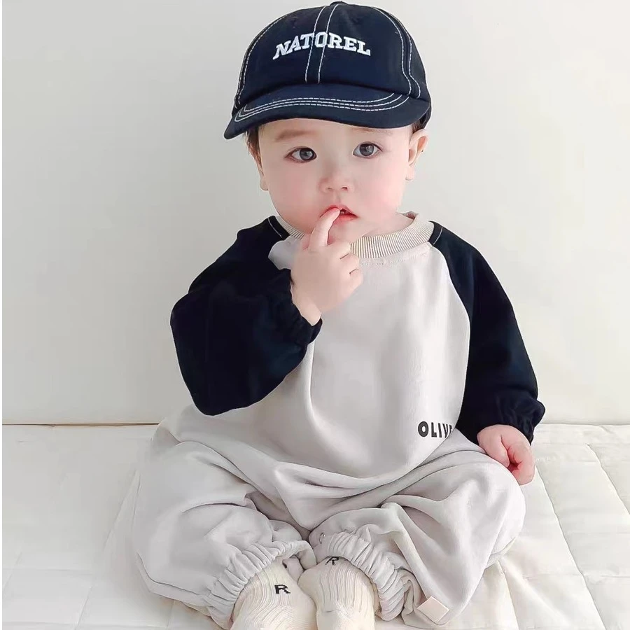 男女宝宝春秋装连体衣婴幼儿韩版哈衣长袖撞色插肩爬服包屁衣