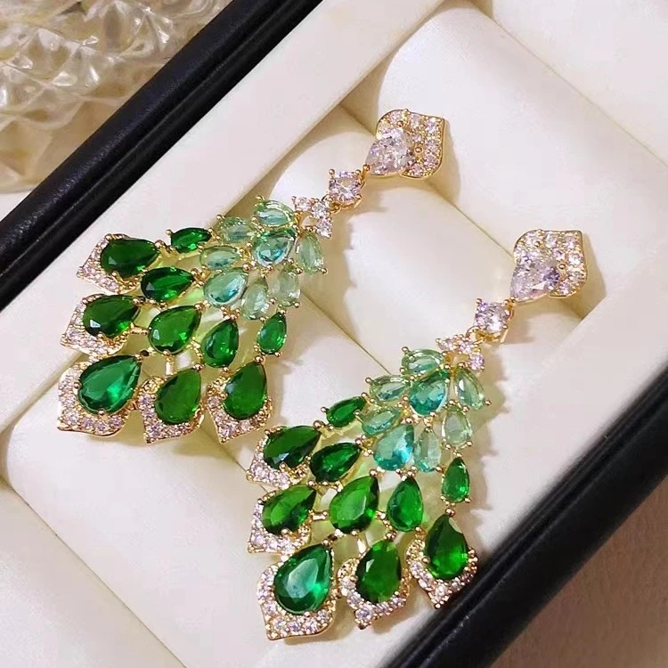 铜合金合成锆石耳饰 【流年】气质时尚绿色奢华轻奢耳环ed2529