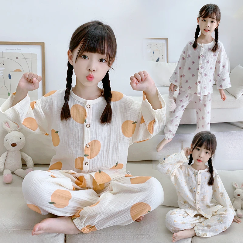 新款儿童家居服套装夏季款空调服长袖双层棉纱幼儿外出服超萌炸街