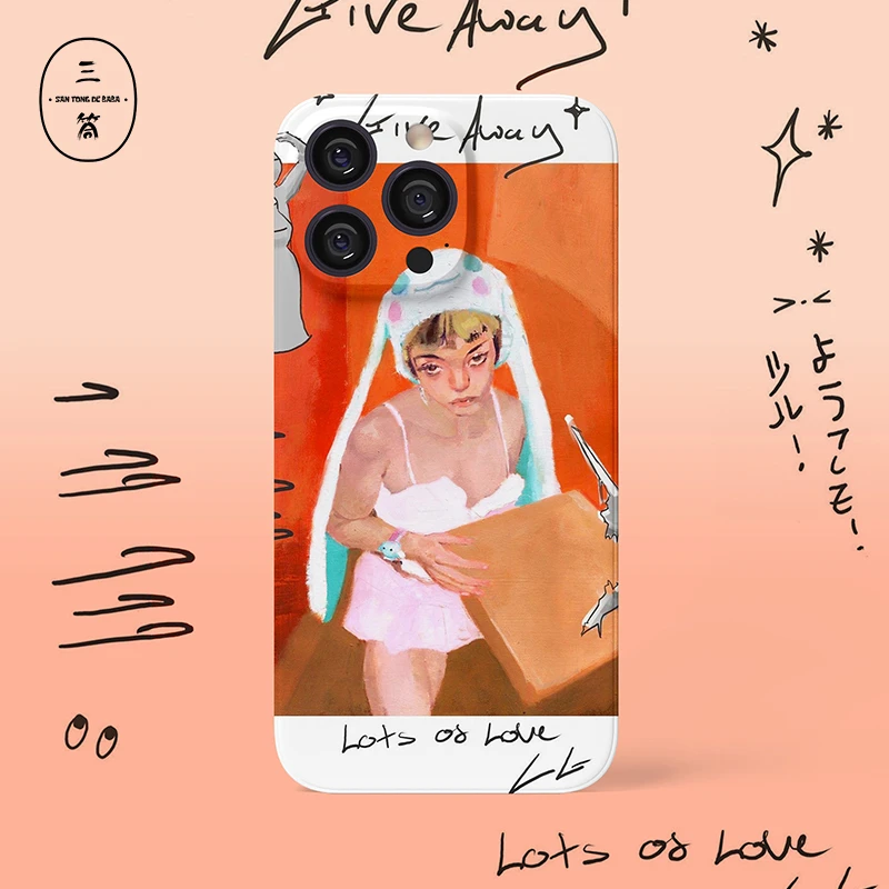 三筒的爸爸兔耳朵女孩全包亮面iPhone15pro手机壳14promax/13/12