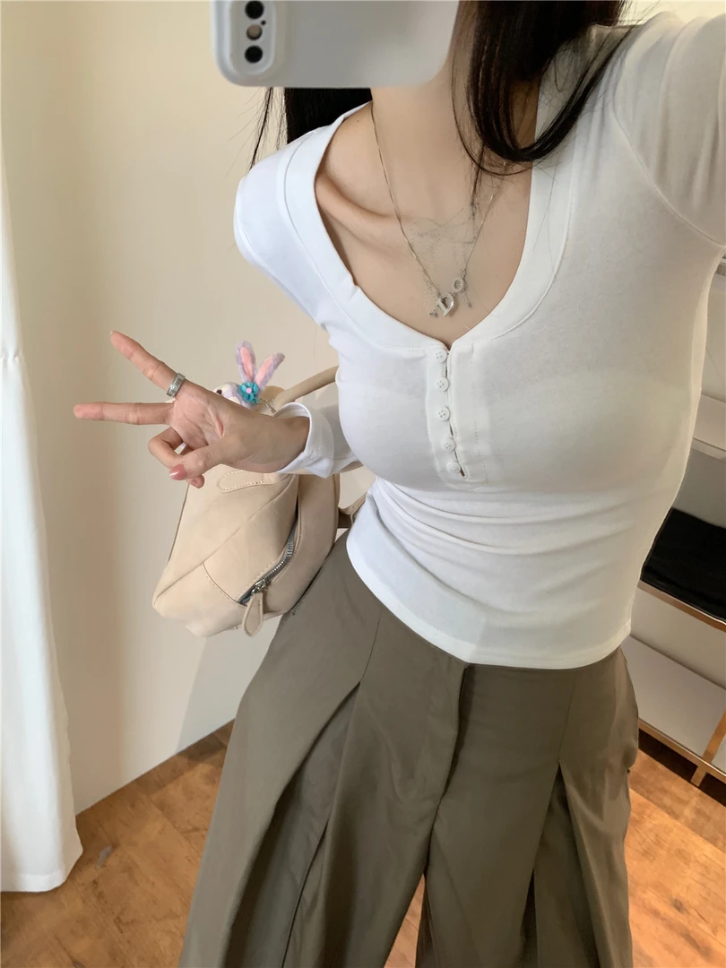 美式甜辣u领打底衫女白色内搭修身长袖正肩t恤茶艺纯欲上衣春秋冬