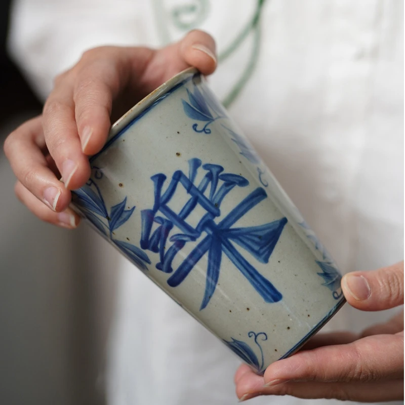 秋野家文艺复古粗陶马克杯景德镇手绘大容量可乐杯福乐对杯水杯