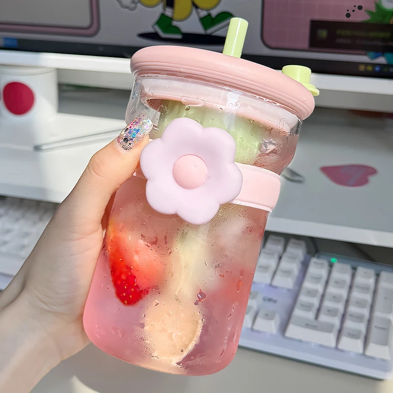 玻璃杯水杯女生夏天2024新款高颜值吸管杯耐高温隔热办公家用杯子