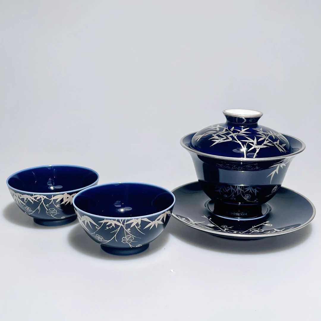 沐窑瓷礼宝石蓝描银元宝盖碗五头茶具