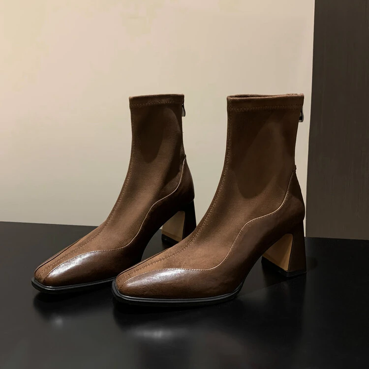 6.5cm/4.5cm跟高头层水洗牛皮复古瘦瘦靴高跟粗跟时装靴女秋冬新