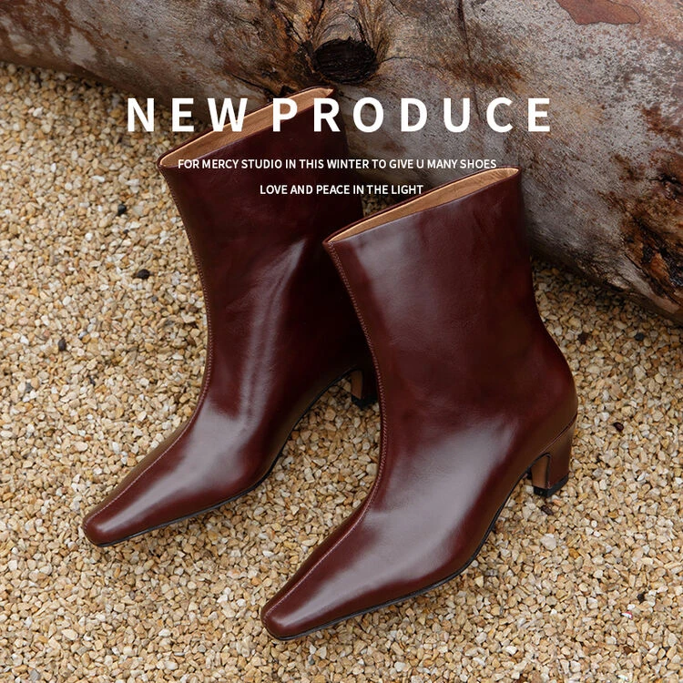 5cm韩系骑士靴时装靴2024年冬季真皮时尚异型跟短筒复古百搭高跟