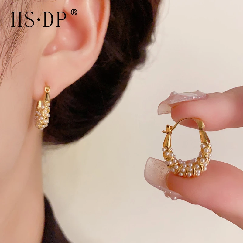 黄铜耳饰 S925银针潮款小众时尚轻奢设计感仿珍珠麻花耳扣女气质