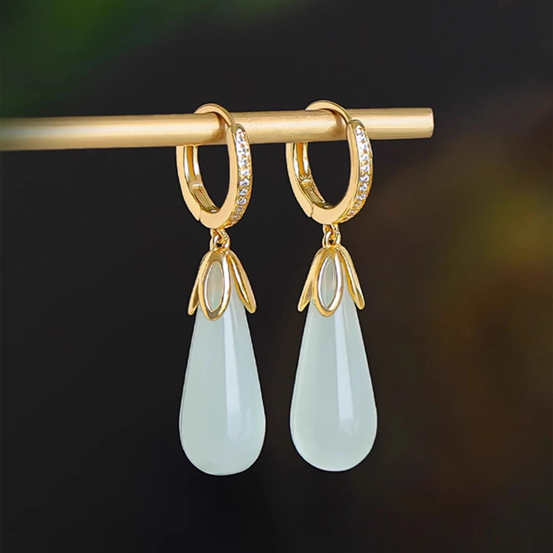 铜合金耳饰 S925耳扣星下香邑玉石新中式国风水滴耳环女复古镀
