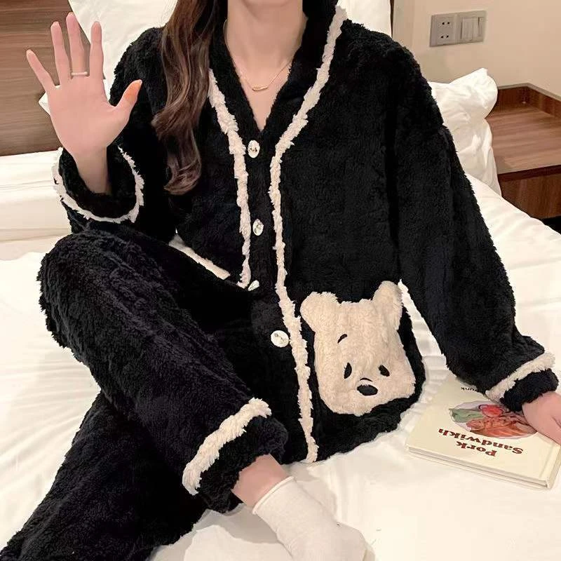 新款冬季睡衣女长毛绒法兰绒加绒加厚简约可爱长袖长裤家居服套装
