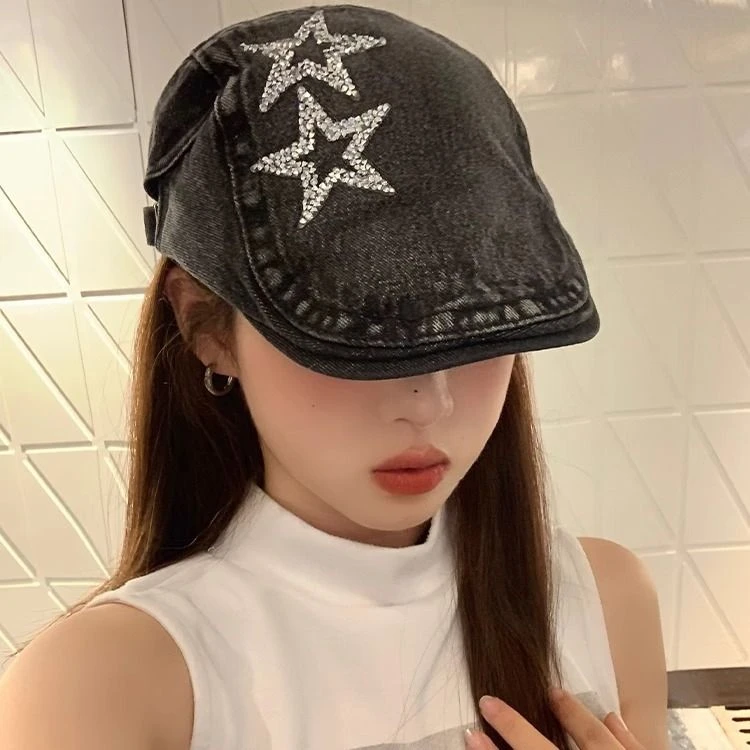水洗做旧星星牛仔前进帽女春秋款日系复古反戴贝雷帽百搭报童帽子