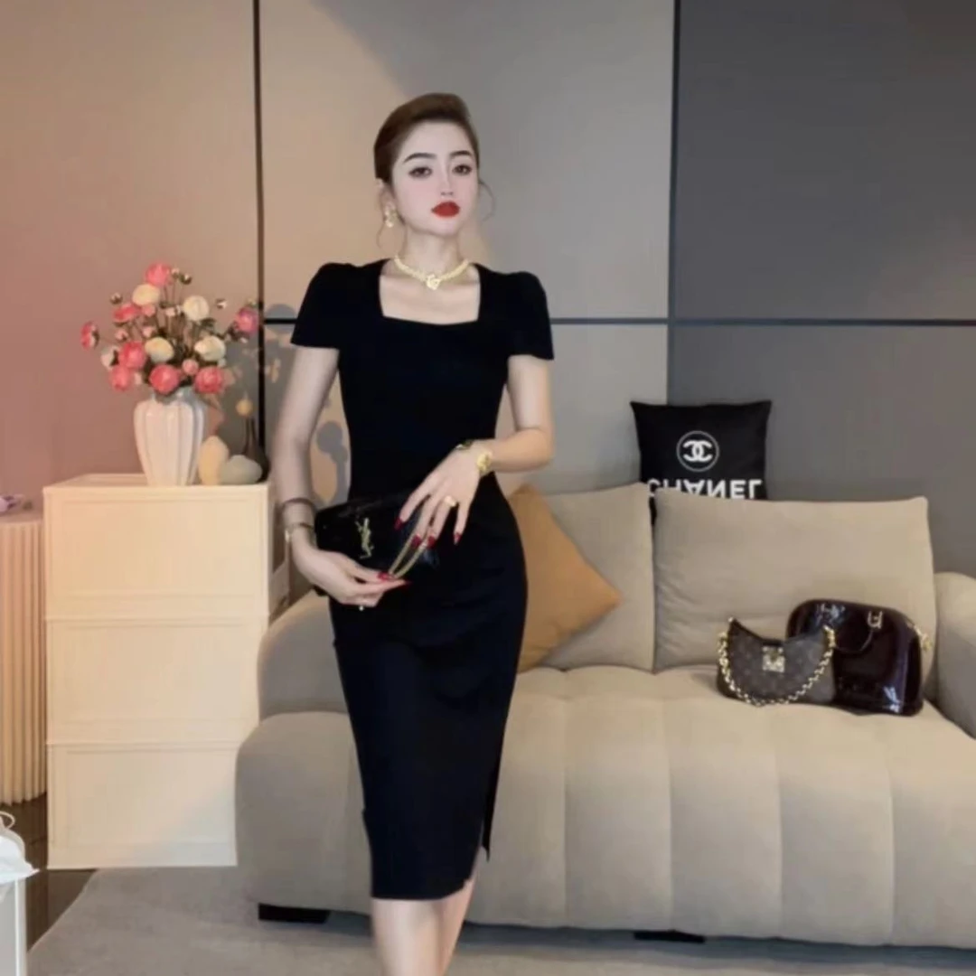 【丹丹严选】新款夏季赫本黑色修身气质显瘦开衩过膝连衣裙-0511-3