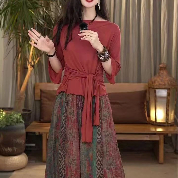 文艺复古套装女2023夏装新款设计感系带收腰显瘦上衣+印花半身裙