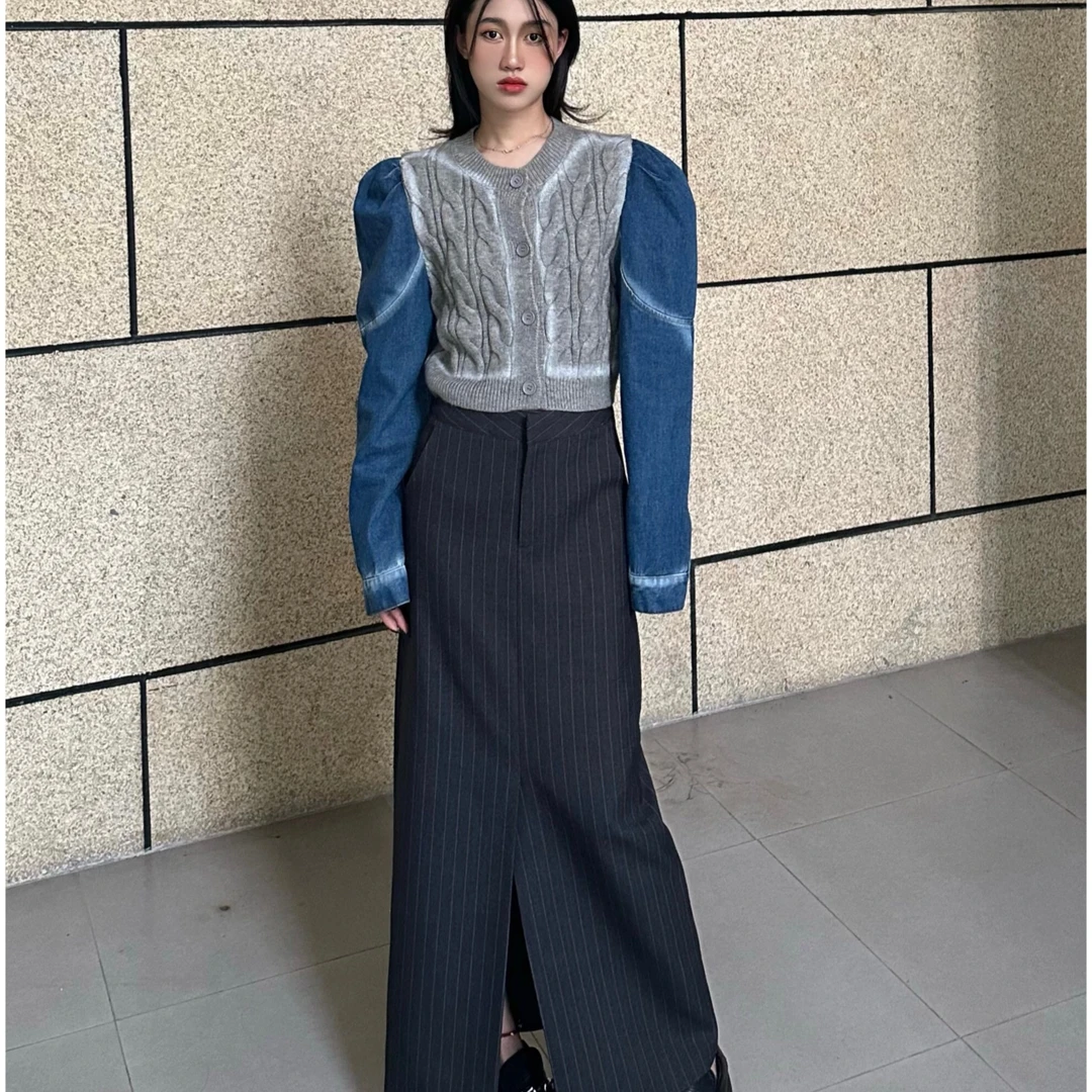 显瘦半身裙条纹舒适女装女士秋冬显瘦秋季时尚前开叉高腰长裙85