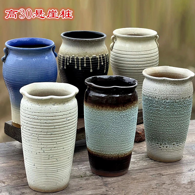 宜兴粗陶多肉花盆植物老桩法师悬崖式大号高筒绿萝切口透气陶瓷陶