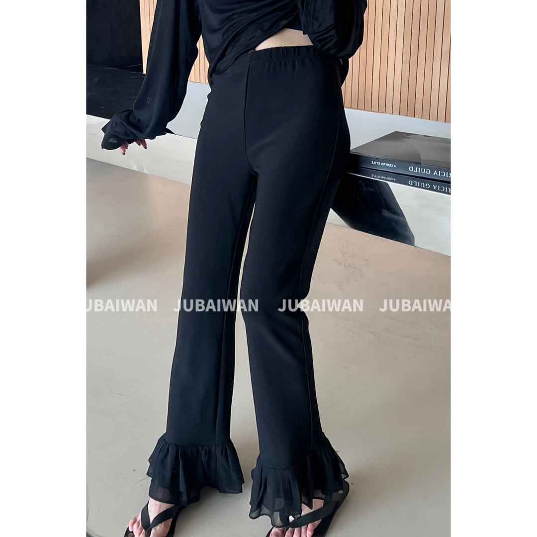 橘百万 筷子腿荷叶边微喇长裤时尚款松紧高腰显瘦长裤