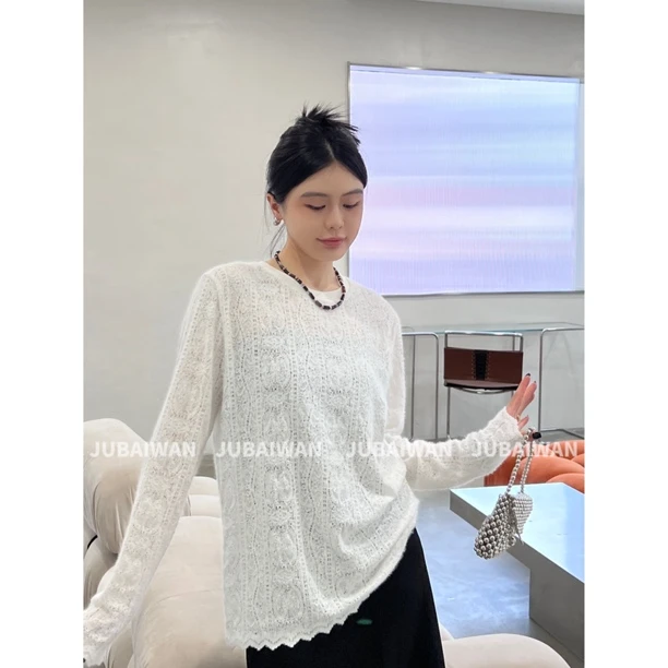 橘百万 很亲肤的绒面微透针织弹力上衣休闲宽松版