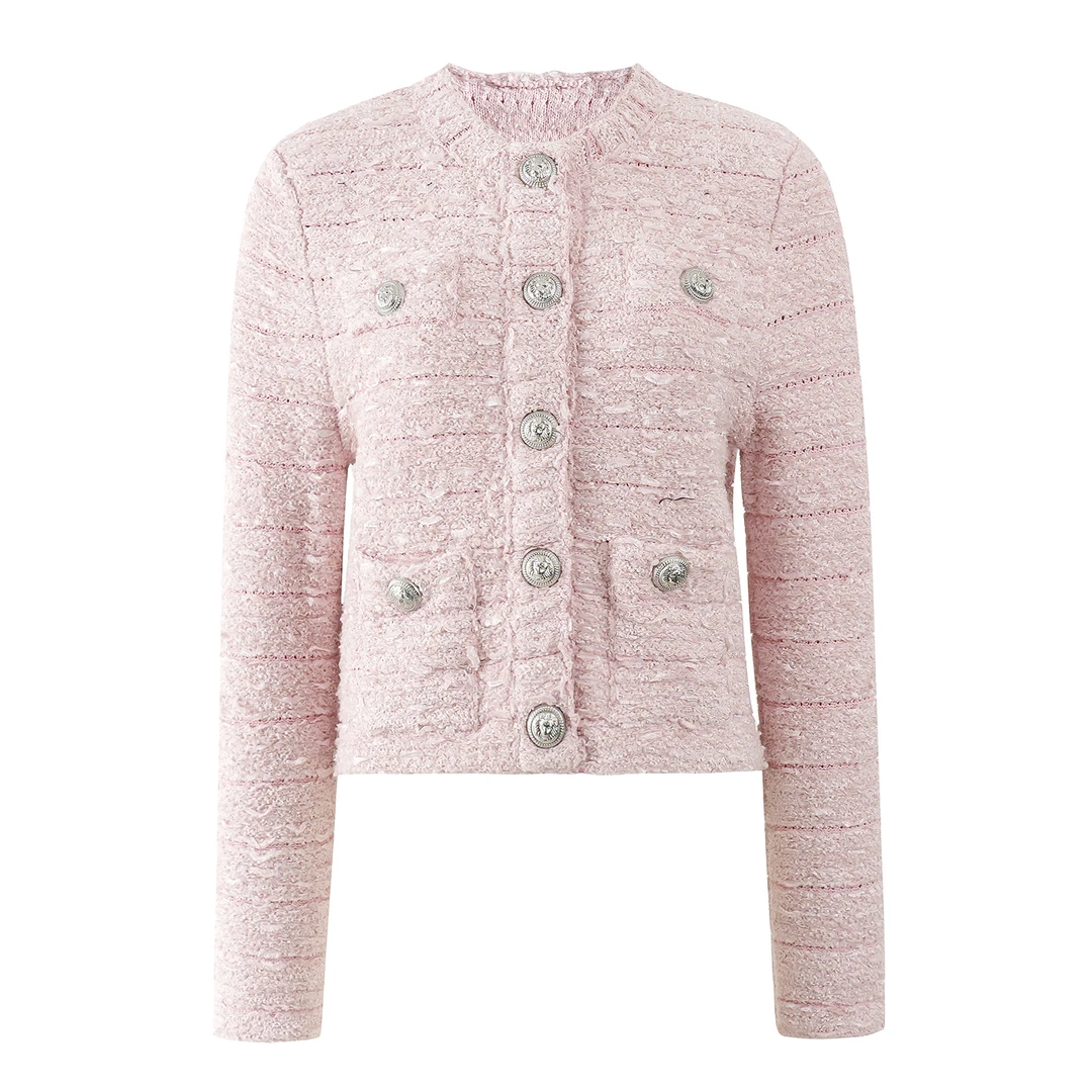 法式25秋冬小香风气质名媛粗花呢圆领金属扣长袖针织上衣外套